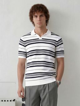 WROGN - White Striped Knitted Johnny Collar Polo T-Shirt