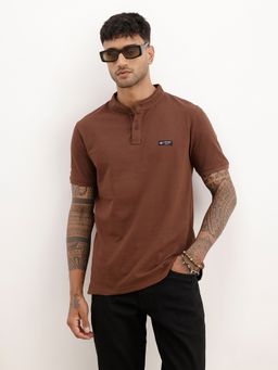 WROGN - Brown Mandarin Collar Polo T-Shirt
