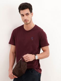 WROGN - Maroon Slim Fit Quirky Embroidered Patch Detail T-Shirt