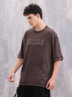 WROGN - Brown Acid Wash Puff Print Oversized Fit T-Shirt with Raw Edge Detail