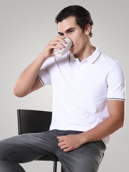 TURMS - Mens Solid Half Sleeves Casual White Polo T-Shirt