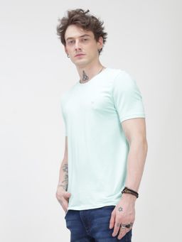 TURMS - Mens Solid Crew Neck Half Sleeves Aqua T-Shirt