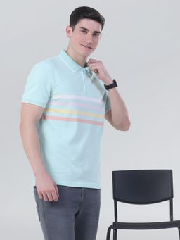 TURMS - Mens Stripped Zipper Half Sleeves Blue Polo T-Shirt