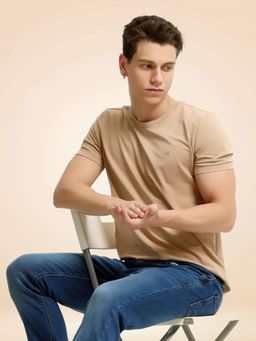 TURMS - Mens Solid Crew Neck Half Sleeves Beige T-Shirt