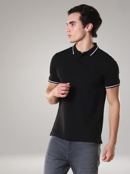 TURMS - Mens Solid Half Sleeves Casual Black Polo T-Shirt