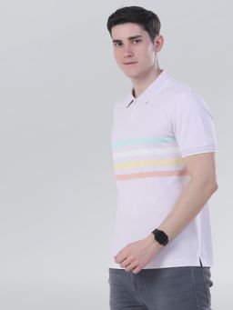 TURMS - Mens Stripped Zipper Half Sleeves Lavender Polo T-Shirt