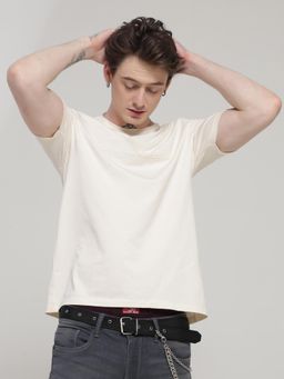 TURMS - Mens Solid Crew Neck Half Sleeves Off White T-Shirt