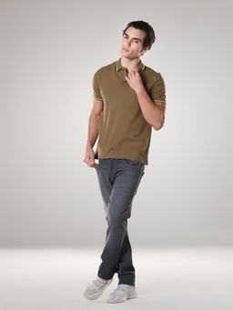 TURMS - Mens Solid Half Sleeves Casual Olive Polo T-Shirt