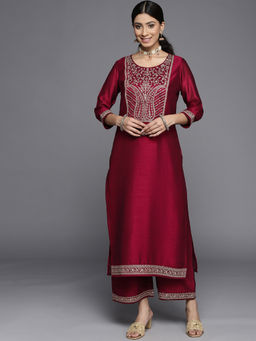 Libas - Women Red Silk Blend Zari Embroidered Straight Kurta