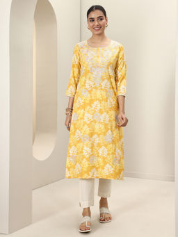 Libas - Women Yellow Embroidered Straight Kurta