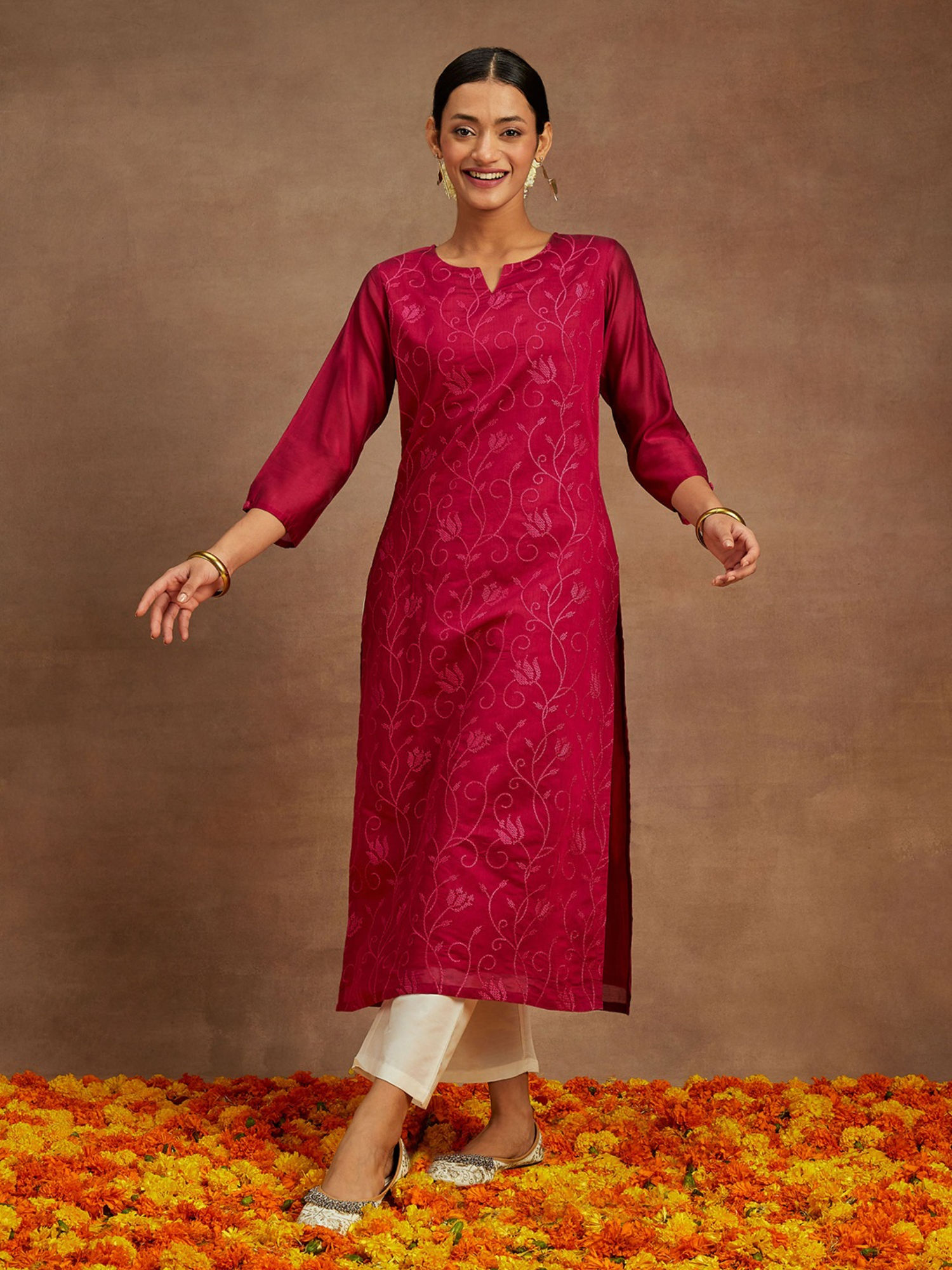 libas Women Pink Chanderi Silk Thread Work Straight Kurta-picture-12