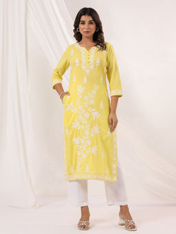 Janasya - Womens Yellow Pure Cotton Embroidered Straight Kurta