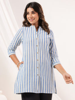 Janasya - Womens Blue Cotton Striped Straight Short Kurti