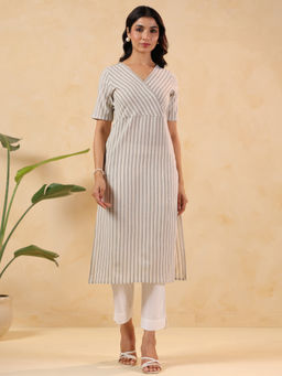 Janasya - Womens Beige Cotton Striped Straight Kurta