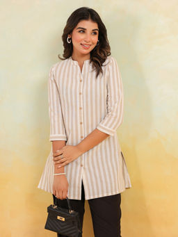 Janasya - Womens Beige Cotton Striped Straight Short Kurti