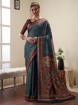 Sareemall - Women's Silk Blend Teal Digital Print Designer Saree with Unstitched Blouse