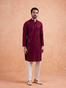 KISAH - Men Burgundy Solid, Textured Cotton Blend Kurta with Abstract Print