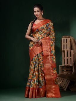 CHARUKRITI - Yellow Silk Blend Handwoven Soft Floral Print Saree with Unstitched Blouse