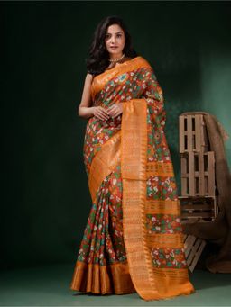 CHARUKRITI - Brick Red Silk Blend Handwoven Soft Floral Print Saree with Unstitched Blouse