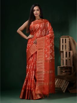 CHARUKRITI - Rust Silk Blend Block Print Saree with Unstitched Blouse