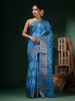 CHARUKRITI - Sky Blue Silk Blend Block Print Saree with Unstitched Blouse