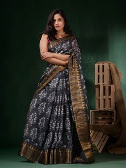 CHARUKRITI - Black Silk Blend Block Print Saree with Unstitched Blouse
