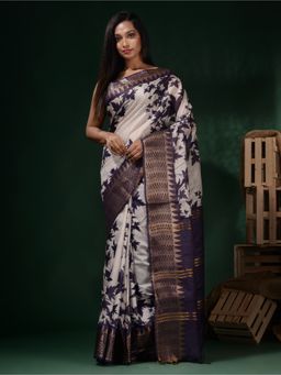 CHARUKRITI - White & Navy Blue Foliage Print Saree with Unstitched Blouse