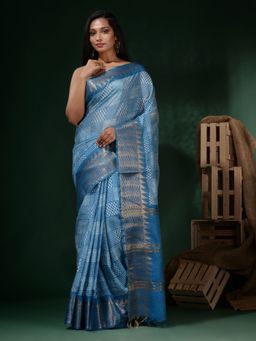CHARUKRITI - Sky Blue Silk Blend Printed Saree with Unstitched Blouse