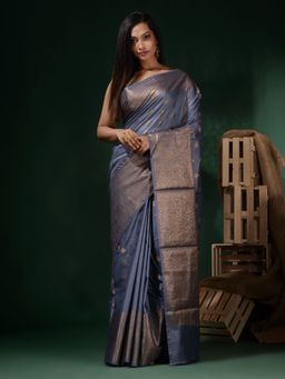 CHARUKRITI - Grey Silk Blend Handwoven Soft Ethnic Motifs Saree with Unstitched Blouse