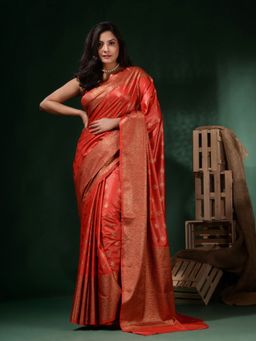 CHARUKRITI - Red Silk Blend Handwoven Soft Ethnic Motifs Saree with Unstitched Blouse