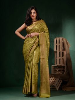 CHARUKRITI - Sap Green Silk Blend Handwoven Soft Nakshi Pattern Saree with Unstitched Blouse