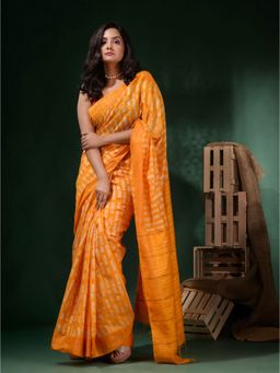 CHARUKRITI - Bright Yellow Silk Blend Printed Saree with Unstitched Blouse