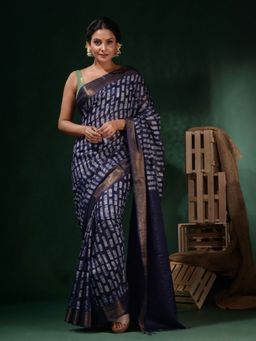 CHARUKRITI - Navy Blue Silk Blend Printed Saree with Unstitched Blouse