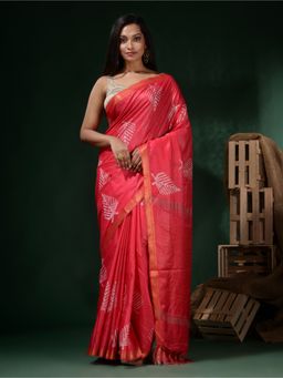 CHARUKRITI - Pink Silk Blend Block Print Saree with Unstitched Blouse