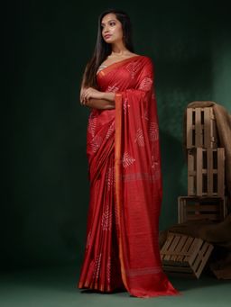 CHARUKRITI - Red Silk Blend Block Print Saree with Unstitched Blouse