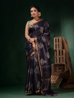 CHARUKRITI - Black Silk Blend Block Print Saree with Unstitched Blouse
