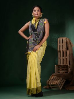 CHARUKRITI - Yellow Cotton Handwoven Stripes Design Saree with Unstitched Blouse
