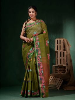 CHARUKRITI - Green Cotton Handwoven Soft Floral Border Saree