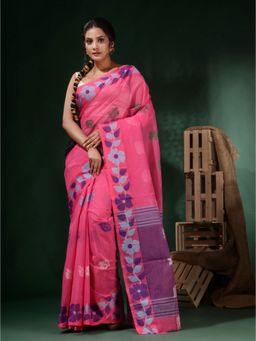 CHARUKRITI - Pink Cotton Handwoven Soft Floral Border Saree