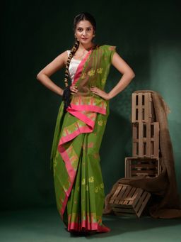 CHARUKRITI - Parrot Green Cotton Handwoven Soft Temple Border Saree