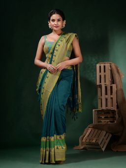 CHARUKRITI - Teal Cotton Handwoven Peacock & Texture Borders Saree with Unstitched Blouse