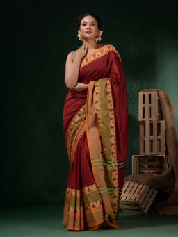 CHARUKRITI - Blood Red Cotton Handwoven Borders Saree with Unstitched Blouse