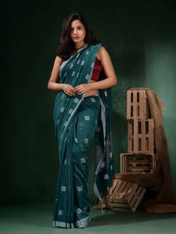 CHARUKRITI - Green Blue Cotton Handwoven Crisscross Motifs Saree with Unstitched Blouse