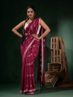 CHARUKRITI - Magenta Cotton Handwoven Crisscross Motifs Saree with Unstitched Blouse