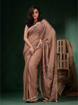 CHARUKRITI - Dark Beige Cotton Kantha Stitch Handwoven Saree