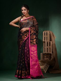 CHARUKRITI - Black Cotton Silk Handwoven Woven Zari Designs Saree with Unstitched Blouse
