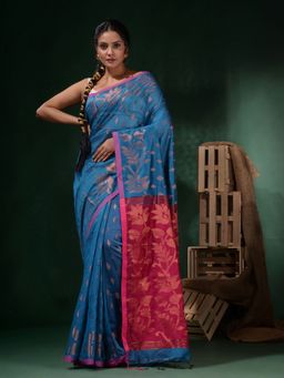 CHARUKRITI - Sapphire Blue Cotton Silk Handwoven Woven Saree with Unstitched Blouse