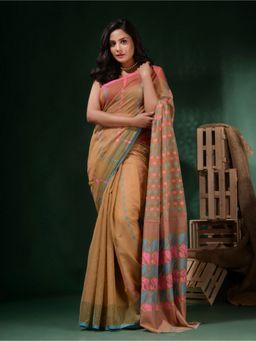CHARUKRITI - Beige Handwoven Cotton Jamdani Woven Designs Saree