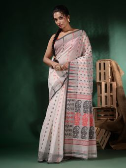 CHARUKRITI - White Cotton Handwoven Jamdani Floral and Paisley Designs Saree