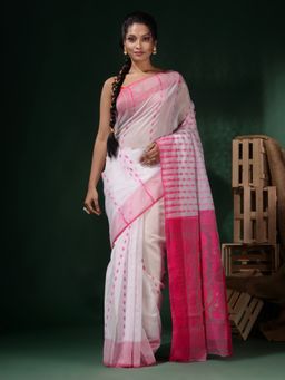 CHARUKRITI - White Cotton Handwoven Jamdani Floral and Paisley Designs Saree